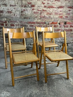 Chaises italiennes pliables (lot de 4) en hêtre et rotin 1980 - Photo 1/4