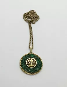LIBRA Pendant Necklace Crushed Green Nephrite Jade Gold Plated Costume Zodiac - Picture 1 of 6