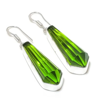 Peridot Pencil Shape Gemstone Earrings Handmade Gift Unique Design Jewelry 2.30" - Image 1 of 4