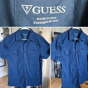 Guess Men’s Short Sleeve Slim Fit Navy Button Up Shirt Coupe Serree Size L - Picture 1 of 7