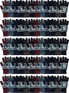 120 PK Snowflake Print Mens Winter Gloves Stretch Cuff - Knitted Stretch Gloves - Picture 1 of 7