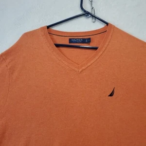 Nautica NAVTECH Men's Orange Pullover V-Neck Tightknit Preppy Sweater Size L - Picture 1 of 13