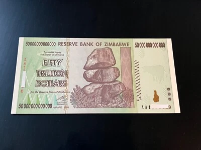 Zimbabwe 50 Trillion Dollar$ UNC 2008 AA Banknote ~AUTHENTIC GUARANTEED - Image 1 of 3