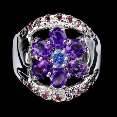 Anello In Argento Sterling 925 Ovale Con Gemma Di Ametista Rodolite Tanzanite - Immagine 1 di 4