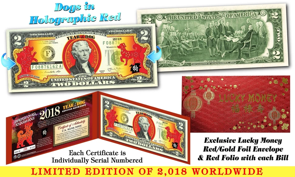 2018 Lunar New YEAR OF THE DOG Red Gold Hologram $2 US Bill Ltd 2,108 - Image 1 of 1