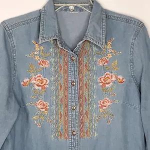 Camicia chambray floreale azteca occidentale L ricamata blu arancione rosa boho cowgirl - Foto 1 di 4