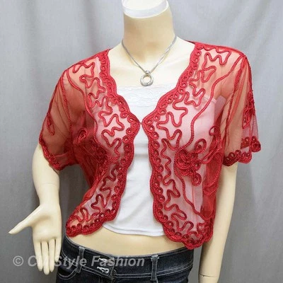 Bolero Top Rojo Estilo CM Moda Elegante Apliques Bordado Malla Encogerse de hombros L~XL Foto 1 de 4