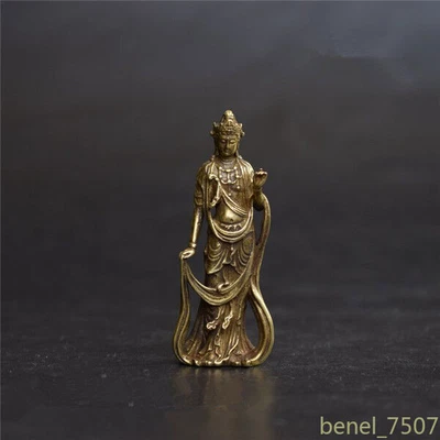 Antigua estatua china asiática de latón puro Guanyin Bodhisattva Buda pequeña Foto 1 de 4