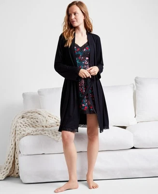 State of Day Lace-Trim Knit Wrap Robe Women's Size Large Deep Black Long Sleeve - Image 1 of 4