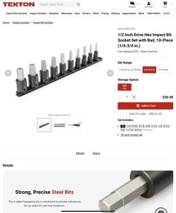 TEKTON 1/2 Inch Drive Hex Impact Bit Socket Set with Rail, 10-Piece - Picture 1 of 4