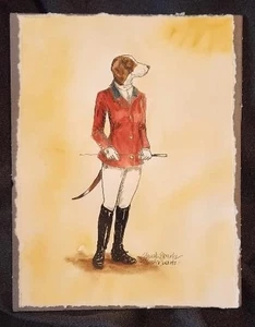 FOXHUNTER LADY Foxhound vtg look HAND COLORED Signed Print 8 x 10" RTF - Picture 1 of 3