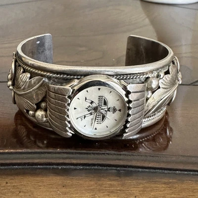 VTG William Singer Navajo Watch Open Cuff Bracelet Size 6 Sterling 70.7g Works - Image 1 of 4