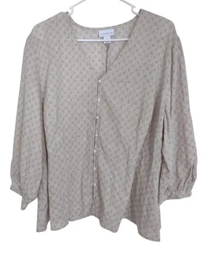 Novo Liz Claiborne Creme Branco Geométrico Macio Cottagecore Botão para Baixo 1X Escritório  - Imagem 1 de 4