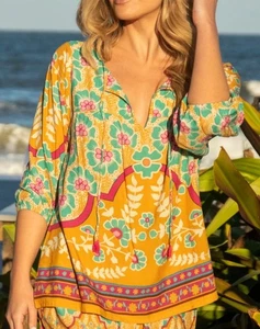 Natural Life Maribel mustard turquoise floral flowy blouse - Picture 1 of 5