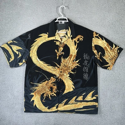 Moon Vintage XL Golden Twin Dragon Button Up Shirt Asiancore Art Fantasy 90s Y2K - Image 1 of 4