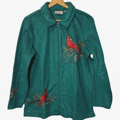 Quaker Factory Women's Christmas Cardinal Embroidered Green Fleece Zip Jacket M - Image 1 of 4