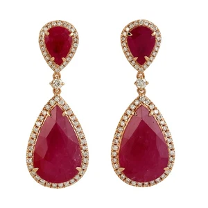 Pendientes colgantes de rubí de oro de 18 quilates con halo de diamantes lágr... - Imagen 1 de 6