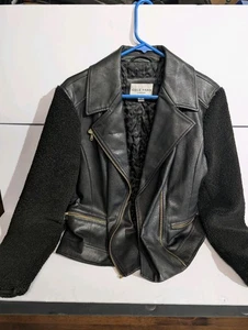 COLE HAAN Black Soft Leather Biker Moto Jacket Faux Fur Sleeves Full Zip Size L - Picture 1 of 9