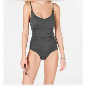 NEW Michael Kors Golden Olive Ruched Sides One Piece Swimsuit Womens 10 NWT $118 - Picture 1 of 3