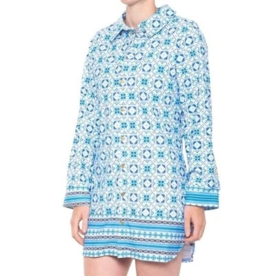 Vestido Aqua Et Sol Azul/Blanco Encubrimiento Playa Natación Botón Delantero Manga Larga Talla M Foto 1 de 3