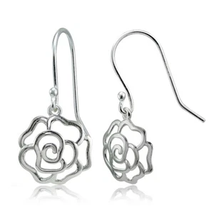 Sterling Silver High Polished Open Rose Dangle Earrings - Picture 1 of 5