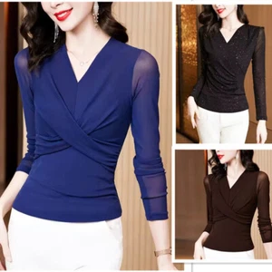 Long Sleeve Women Spring Autumn Crossed V Neck Bodycon High Stretch Mesh T-shirt - Picture 1 of 12