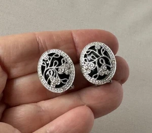 Sterling Silver & Diamond Oval Earrings with Omega Backs Signed EA;V689 - Picture 1 of 5