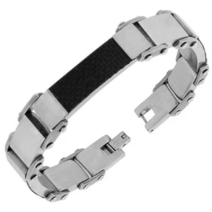 Stainless Steel Simulated Carbon Fiber Two-Tone Link Chain Mens Bracelet - Picture 1 of 12