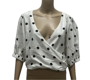 Sportsgirl Plus Size 16 Linen White Black Polka Dot Top Blouse Cropped BNWT NEW - Picture 1 of 8