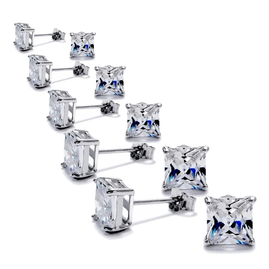 Aretes de plata de ley 925 de alta calidad con poste cuadrado de circonita cúbica de corte princesa de 3 mm-8 mm Foto 1 de 1