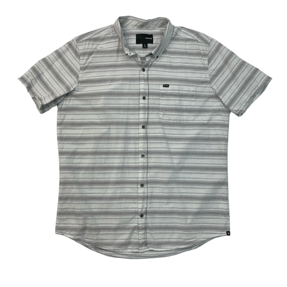 Camisa Hurley Para Hombre L Grande Gris Con Botones Manga Corta Rayas Algodón Bolsillo Foto 1 de 4