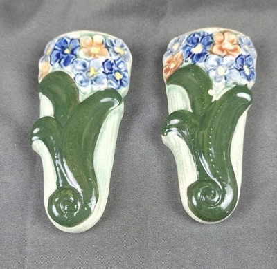 Par de jarrones de bolsillo de pared vintage MCM de cerámica Forget Me Nots Japón Foto 1 de 4