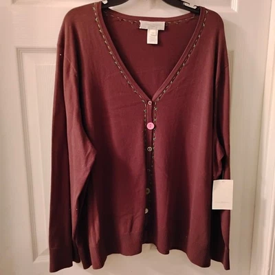 Susan Bristol Woman NWT 3W Brown Knit Hand Embroidered Cardigan Sweater Long Sl  - Image 1 of 4