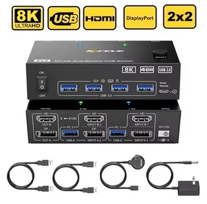 Dual-Monitor-KVM-Switch, 8K 60 Hz, 4K 144 Hz, HDMI + DP, USB 3.0, 2 Geräte - Photo 1/3