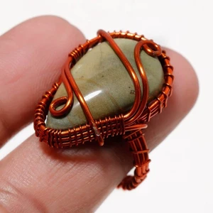 Green Opal Gemstone Copper Ring Handcrafted Wire Wrap Very Pretty Jewelry 8" - Picture 1 of 7
