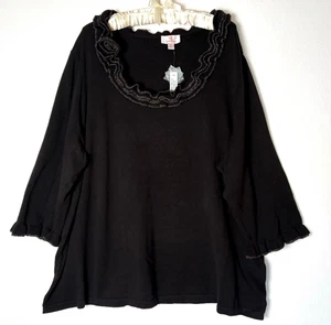 Quacker Factory 3X Sweater Black Silver Trim Ruffled Neckline 3/4 Sleeve Holiday - Picture 1 of 9