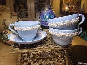 Wedgewood Queens Ware Embossed Cream On Lavender Cups & Saucer Chipped Pieces - Picture 1 of 9