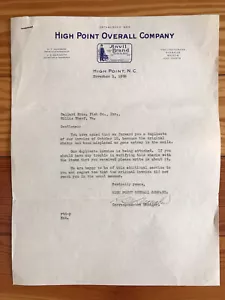 1935 High Point Overall Co Anvil Brand Letter to Ballard Bros Fish Co Denim Adv - Picture 1 of 2