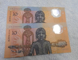 #T66. CONSECUTIVE PAIR $10 POLYMER 1988 ABORIGINAL NOTES #AB 12942673 & 4 - Bild 1 von 2