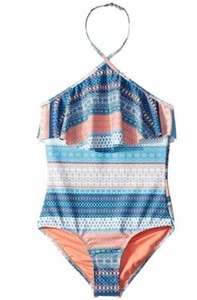 $83 Lucky Brand Girls' Blue White Geo Ruffled Halter One-Piece Swimsuit Size 6 - Picture 1 of 2