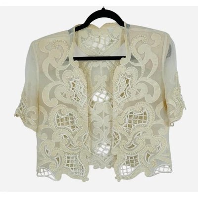 Chaqueta Bolero Recortada Bordada con Cuentas de Encaje Marfil Transparente Noche Cóctel Foto 1 de 4