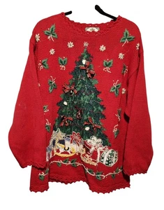 Vintage Diadem Damen Weihnachtspullover rot Strick Größe 22/24 mit Baum & Geschenk Des - Bild 1 von 10