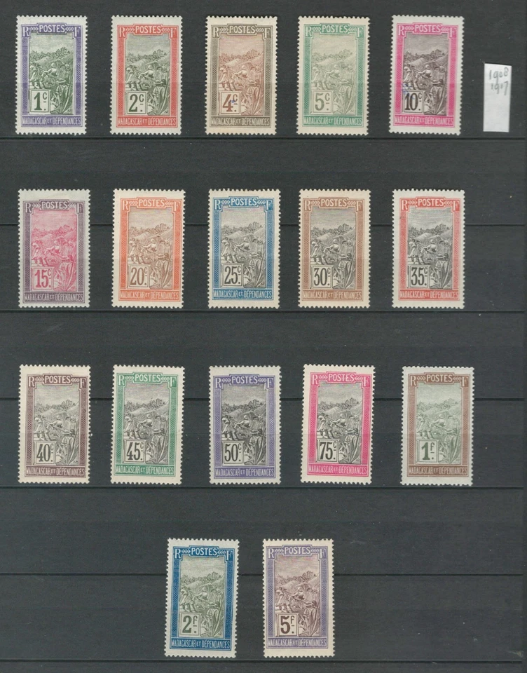 МАДАГАСКАР ФРАНЦУЗСКИЕ КОЛОНИИ 1908 КУЛЬТУРЫ MH НАБОР ЛОТ (MADA 65) - Изображение 1 из 1