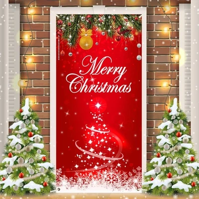 Merry Christmas Door Cover Red Xmas Backdrop Door Banner Santa Claus Merry Ch... - Image 1 of 4
