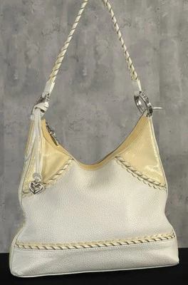 BRIGHTON Cut Out Scalloped Off Wht Yellow Braided Leather Shoulder HandBag - Image 1 of 4