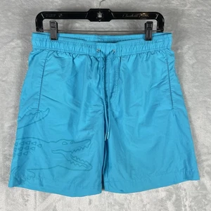 Lacoste Swim Shorts Mens Medium Blue Big Crocodile Logo Spell out Drawstring - Picture 1 of 8