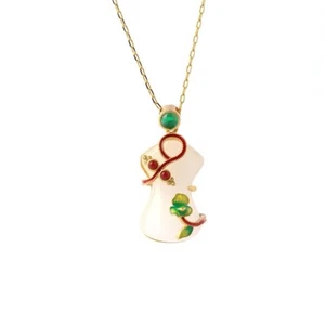 Collana donna cinese a forma di Qipao con ciondolo placcato oro giada hetian smalto - Foto 1 di 4