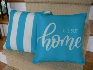 Pr Indoor or Outdoor Turquoise White Striped Let's Stay Home Patio Throw Pillow - Bild 1 von 6