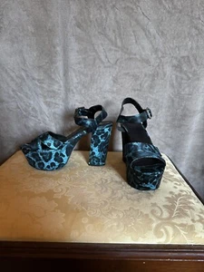 Blue Leopard Print Satin Leather Office EU 38 UK 5 Platform Heel Sandals - Picture 1 of 7