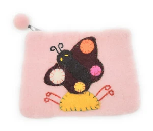 Handmade Wool Felt Coin Purse + Colorful Applique + Zipper Close Made in Nepal - Picture 1 of 2